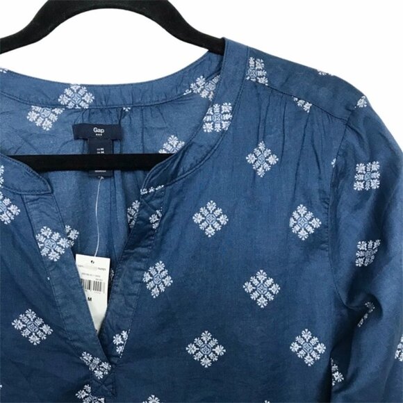 Gap Factory Blue Long Sleeve Snowflake Print Popover Blouse - Picture 5 of 8